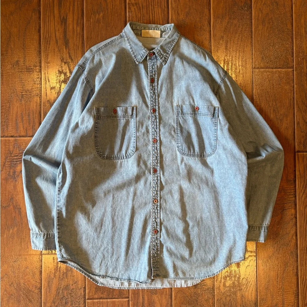 Vintage 90s Fine Line Classic Denim Button-Up - Picture 1 of 8